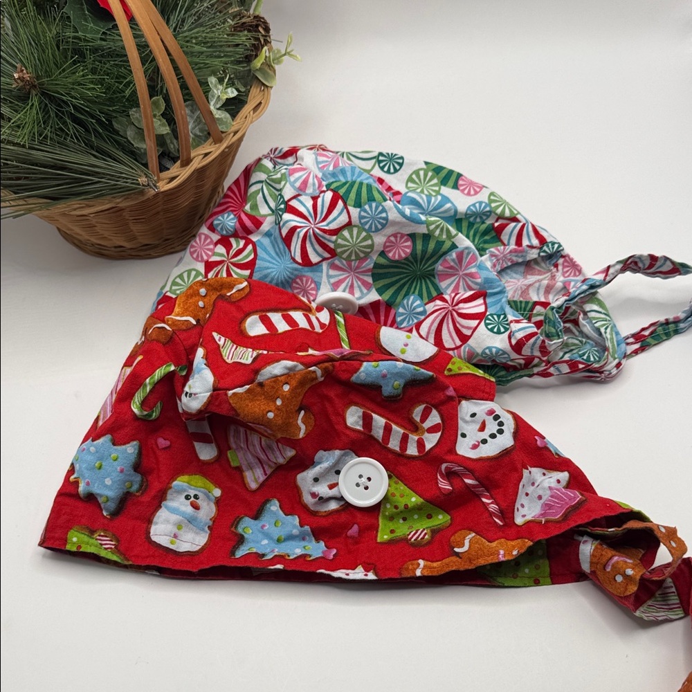 Christmas Scrub Caps with buttons for mask loop